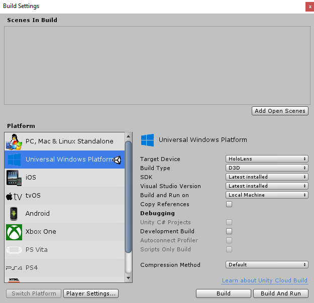 Screenshot che mostra le opzioni di configurazione dell'impostazione di compilazione.