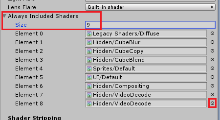 Screenshot che evidenzia la matrice Always Included Shader.