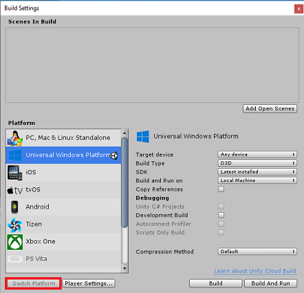 Screenshot che mostra la finestra Build Settings con il pulsante 'Switch Platform' evidenziato.