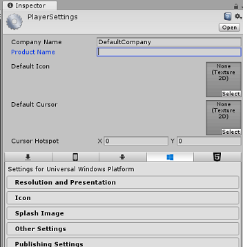 Screenshot che mostra la finestra Build Settings (Impostazioni compilazione) nella scheda Inspector (Controllo).