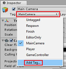 Screenshot del menu a discesa Tag fotocamera principale nel pannello Controllo con 'Aggiungi tag' evidenziato.