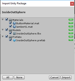 Screenshot della schermata Importa pacchetto Unity.