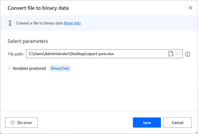 Screenshot dell'azione Converti file in dati binari.