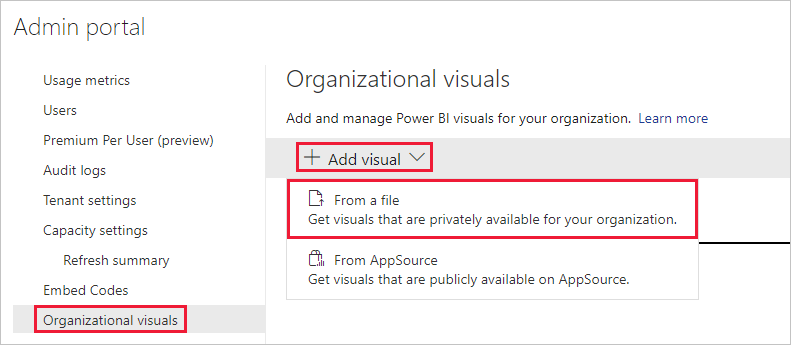 A screenshot showing the organizational visuals menu in the Power BI admin settings. The add visual option is expanded, and the from a file option is selected.