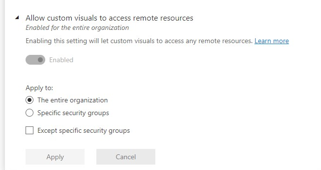 Screenshot of the Power BI setting that allows visuals to access remote resources.