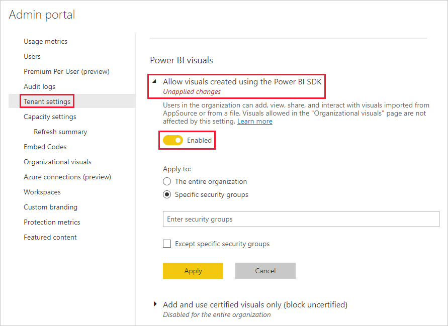A screenshot showing the tenant settings menu in the Power BI admin settings. In the Power BI visuals section, the allow visuals created using the Power BI S D K option is expanded, and the enabled button is turned on.