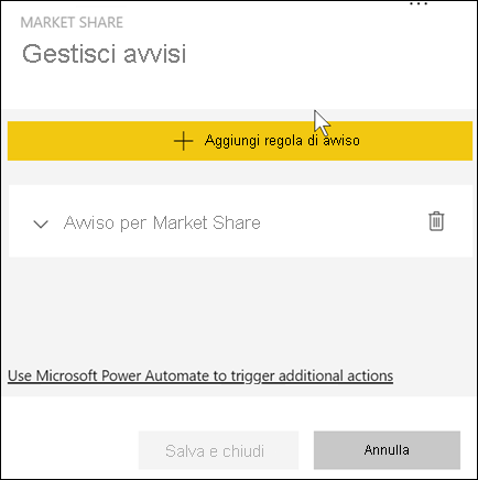 Screenshot showing the window for managing alerts, with the Alert for Market Share alert visible.