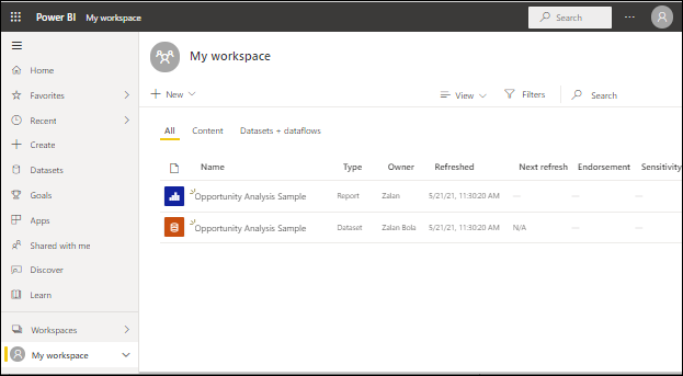 Screenshot che mostra la schermata Area di lavoro personale con un report e un set di dati elencati.