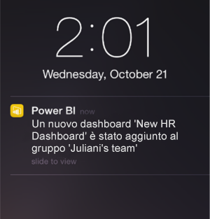 Screenshot di un dashboard che mostra una notifica in un Telefono.