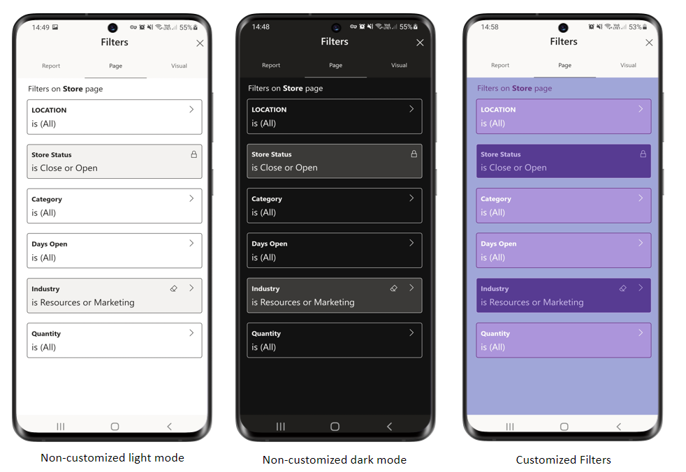 Screenshot del riquadro filtro report nell'app Power BI per dispositivi mobili.
