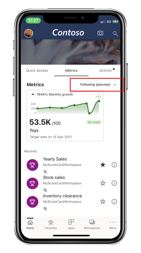 Screenshot che illustrano come seguire una metrica dall'app Power BI per dispositivi mobili.