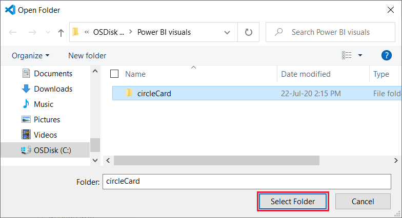 Screenshot of selecting the Power B I visuals project folder in the VS studio open folder window.