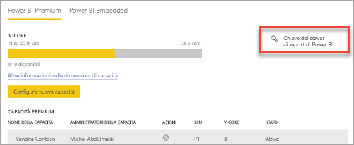 Screenshot of Power BI Report Server key within Premium settings.