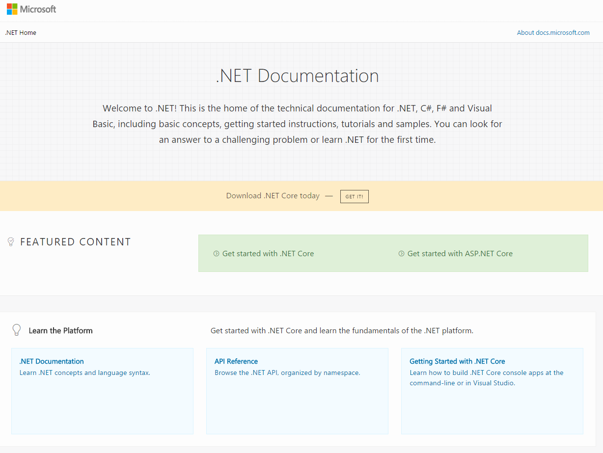 Home page di .NET Docs