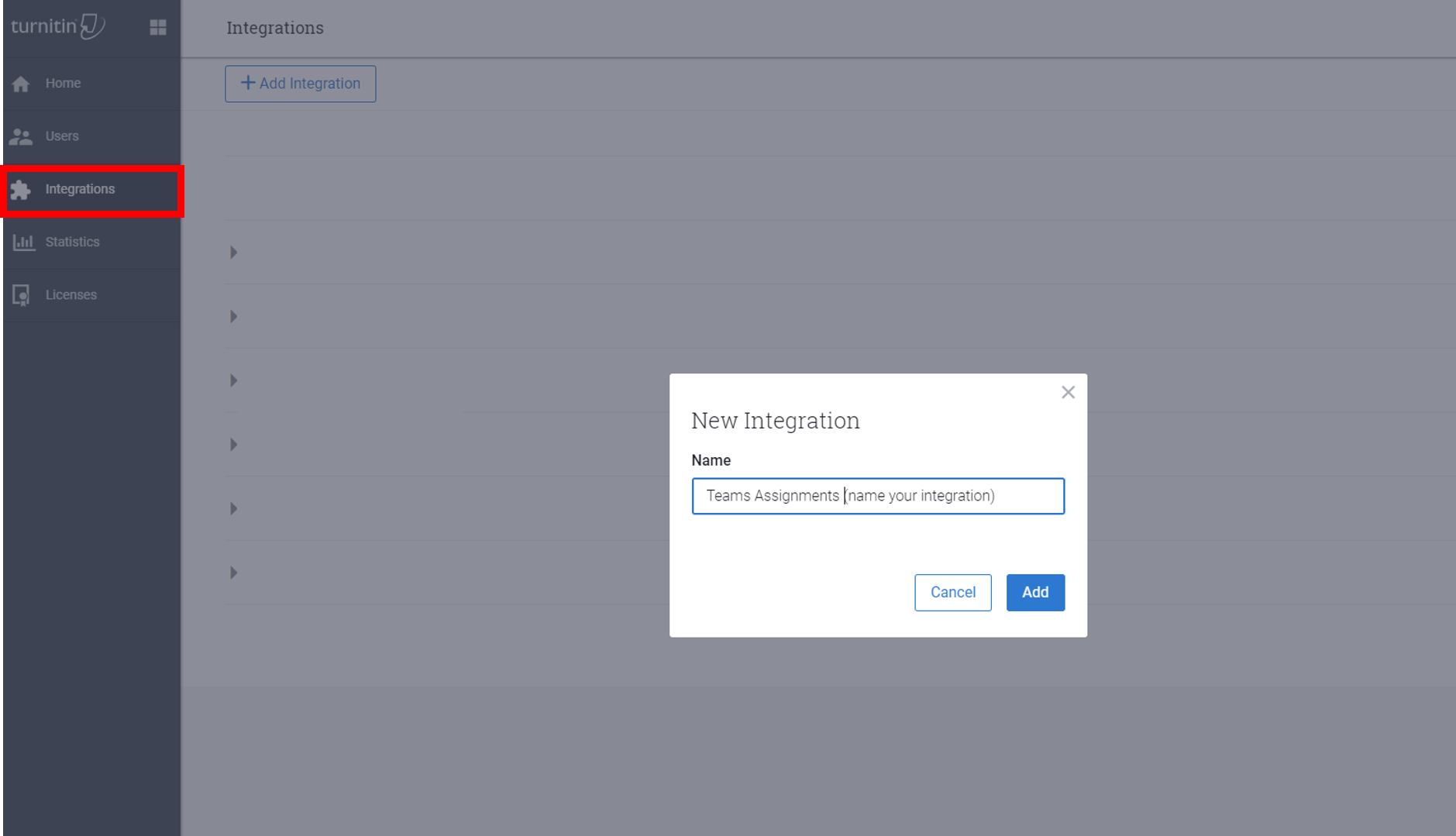 Screenshot che mostra l'aggiunta di una nuova integrazione.