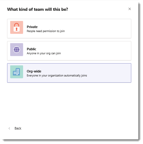Screenshot dell'opzione a livello di organizzazione per creare un team a livello di organizzazione.