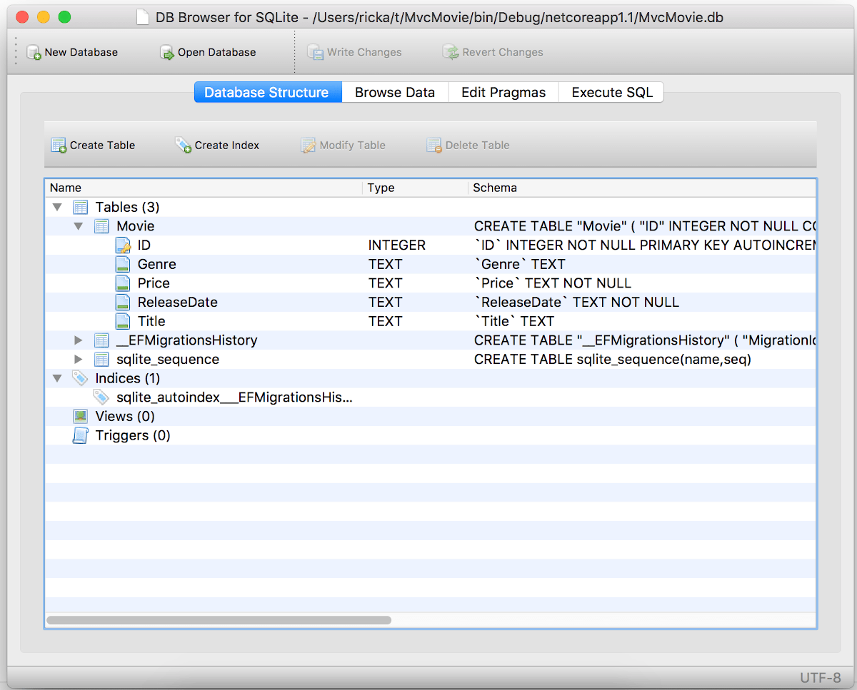 DB Browser per SQLite che mostra il database di film