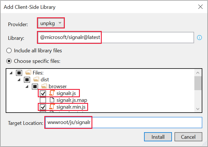 Finestra di dialogo Add Client-Side Library (Aggiungi libreria lato client) - selezione della libreria