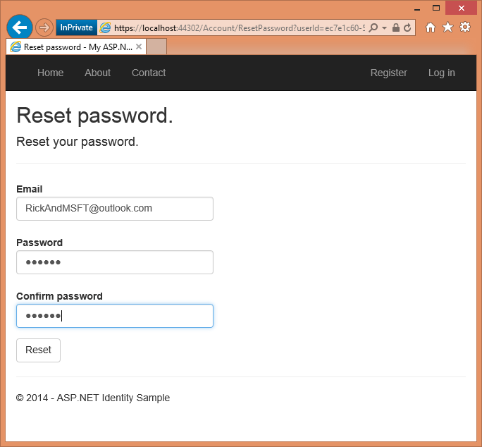 Immagine che mostra la finestra di reimpostazione della password utente