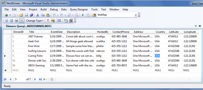 Screenshot dei dati della cena in Microsoft Visual Studio.