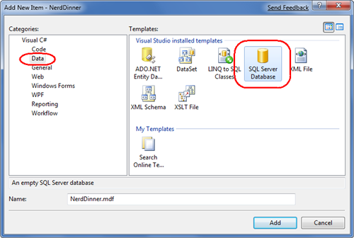 Screenshot della finestra di dialogo Aggiungi nuovo elemento di Visual Studio. Il database del server Q L è evidenziato. I dati sono evidenziati.