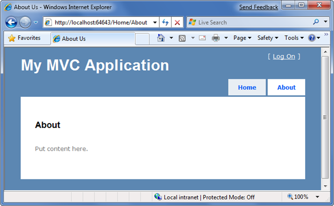 Screenshot della pagina Informazioni sull'applicazione M V C.