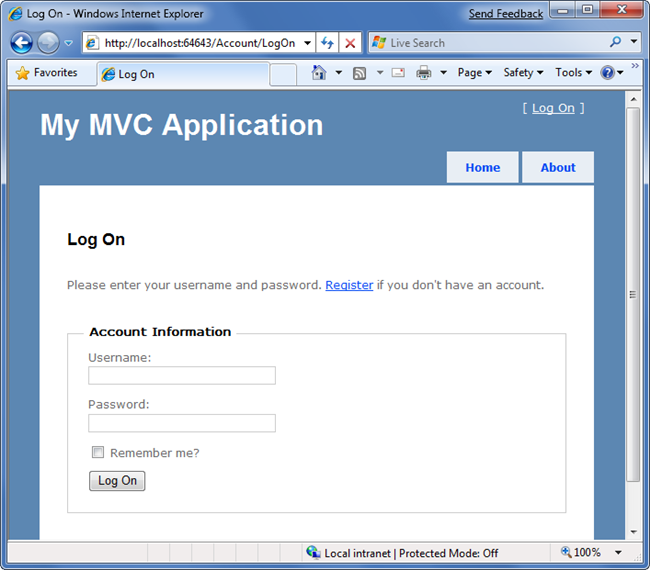 Screenshot della pagina Accesso applicazione M V C.
