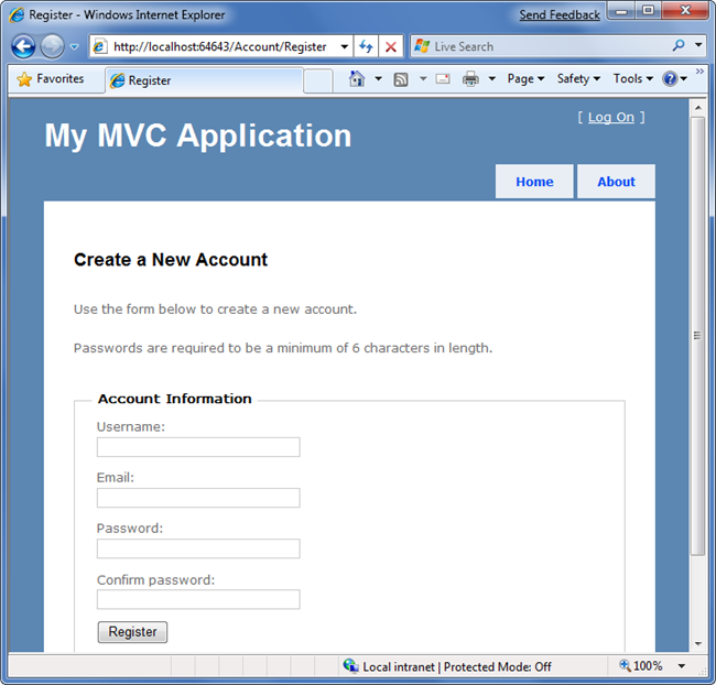 Screenshot della pagina Applicazione M V V. Viene visualizzato un nuovo account.