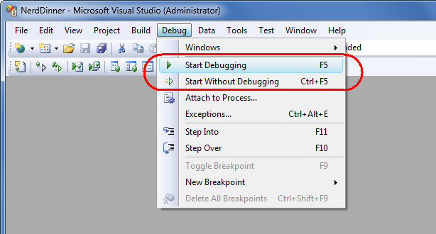 Screenshot di Microsoft Visual Studio. Vengono visualizzate le voci di menu Debug. Avviare il debug è evidenziato.