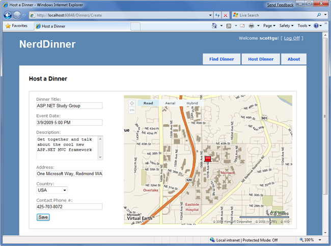 Screenshot della pagina dell'applicazione Nerd Dinner. Viene visualizzata la pagina Host a Dinner (Host a Dinner).