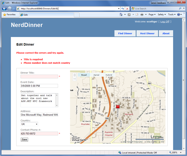 Screenshot della pagina dell'applicazione Nerd Dinner. Viene visualizzata la pagina Modifica cena.