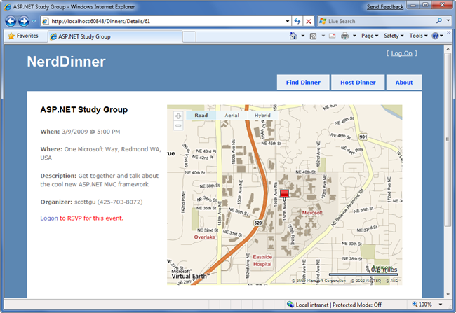 Screenshot della pagina Web Nerd Dinner con informazioni dettagliate sulla cena A S dot NET Study Group.
