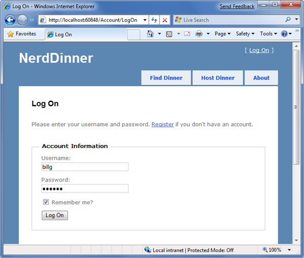 Screenshot della pagina Accesso alla cena nerd.