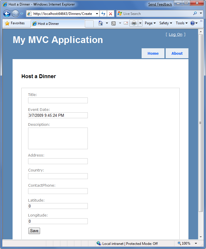 Screenshot della pagina Applicazione M V V. Viene visualizzato il modulo Host a Dinner.