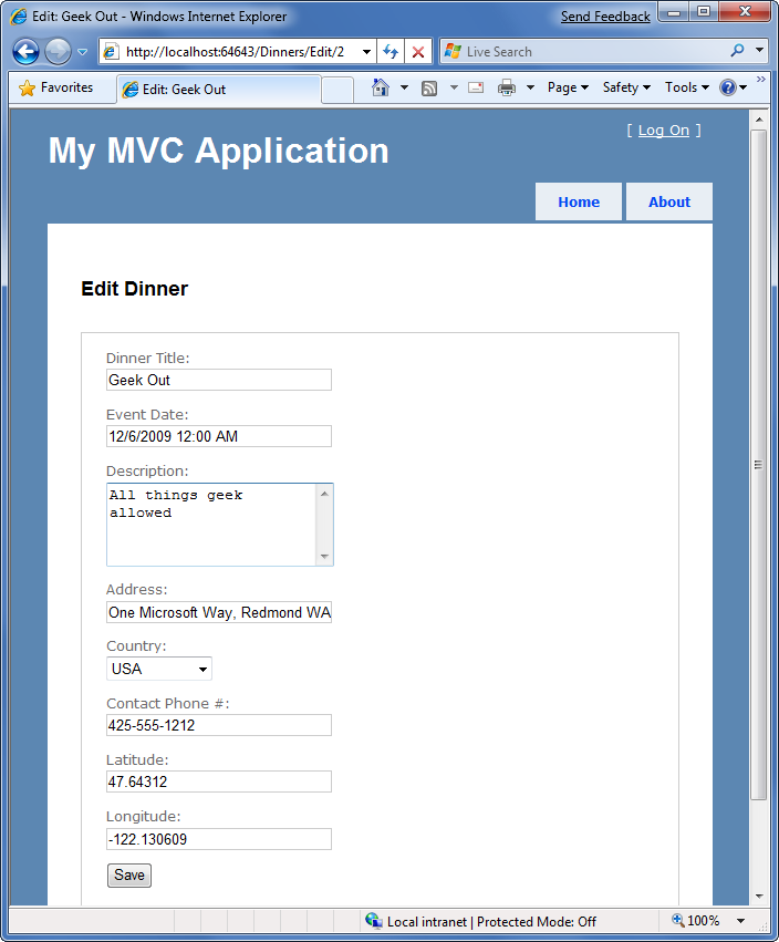 Screenshot del paage dell'applicazione M V C. Viene visualizzato il modulo Modifica.
