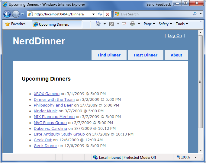 Screenshot della pagina Elenco cena imminente nerd.