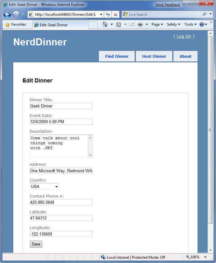 Screenshot della pagina Delrd Dinner Edit form (Modifica cena nerd).