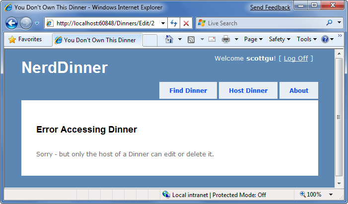 Screenshot del messaggio di errore nella pagina Web Nerd Dinner.