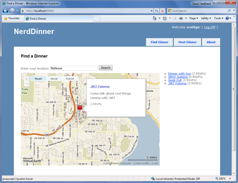 Screenshot della home page Nerd Dinner con una mappa visualizzata.