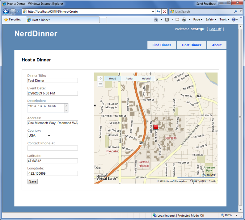 Screenshot della pagina Cena nerd con una mappa visualizzata.