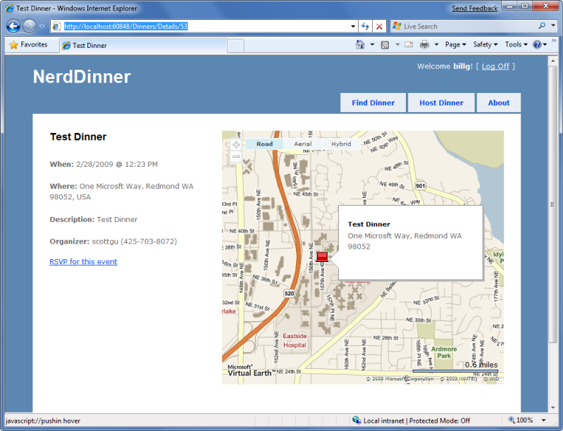 Screenshot della pagina Web Nerd Dinners. Viene visualizzata una mappa.
