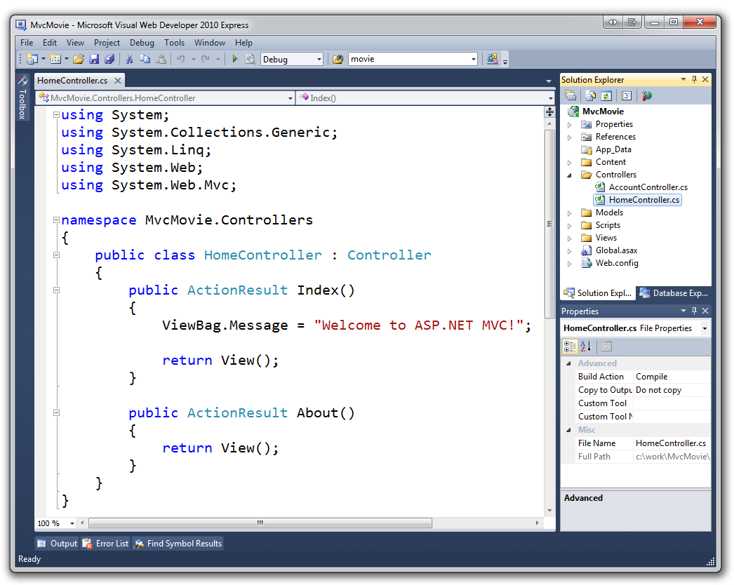 Screenshot di Visual Web Developer che ha usato un modello predefinito per A S P . Progetto N E T M V C creato.