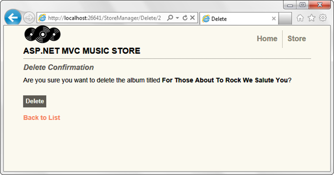 Screenshot del modulo Elimina conferma che richiede all'utente di confermare l'eliminazione dell'album selezionato.