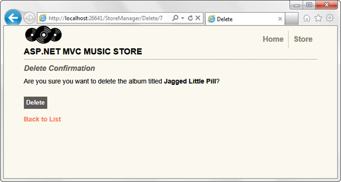 Screenshot della finestra di dialogo Elimina conferma che richiede all'utente di confermare l'eliminazione dell'album selezionato.