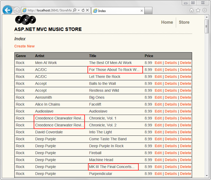 Screenshot dell'elenco di album con due nomi di artisti lunghi e due nomi di album lunghi evidenziati in rettangoli rossi.