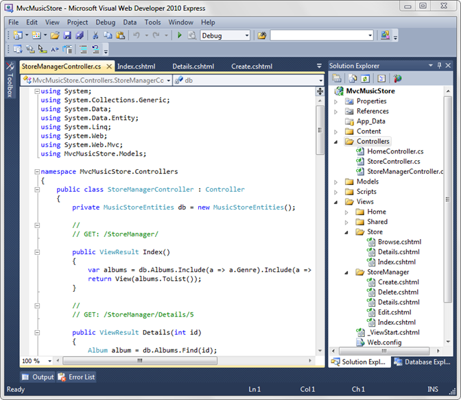 Screenshot della finestra Controller di Store Manager aperta in Microsoft Visual Web Developer 2010 Express dopo la creazione.