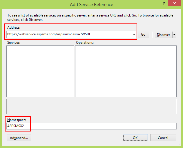 Screenshot che mostra la finestra Aggiungi riferimento al servizio. Le barre di input Address e Namespace sono evidenziate.
