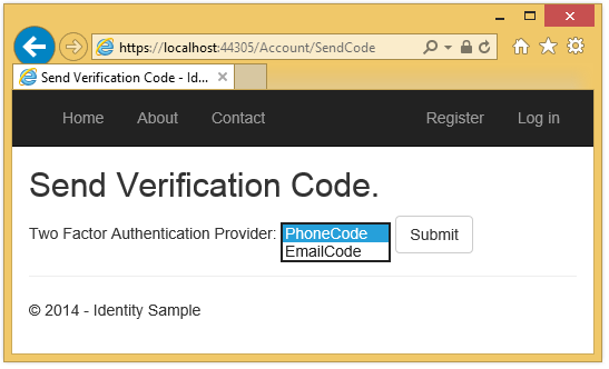 Screenshot che mostra la pagina A S P dot NET App Send Verification Code (Invia codice di verifica). Menu a discesa che mostra Il codice telefonico e Email Codice è selezionato.