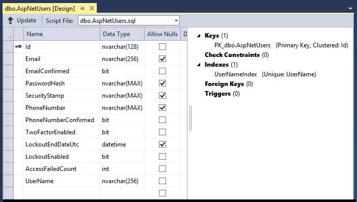 Screenshot che mostra la scheda A S NET Users Script File in Esplora server.