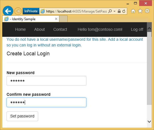 Screenshot che mostra la pagina My A S P dot Net Create Local Login (Crea account di accesso locale). Una password di esempio viene immessa nei campi Nuova password e Conferma nuovo testo password.